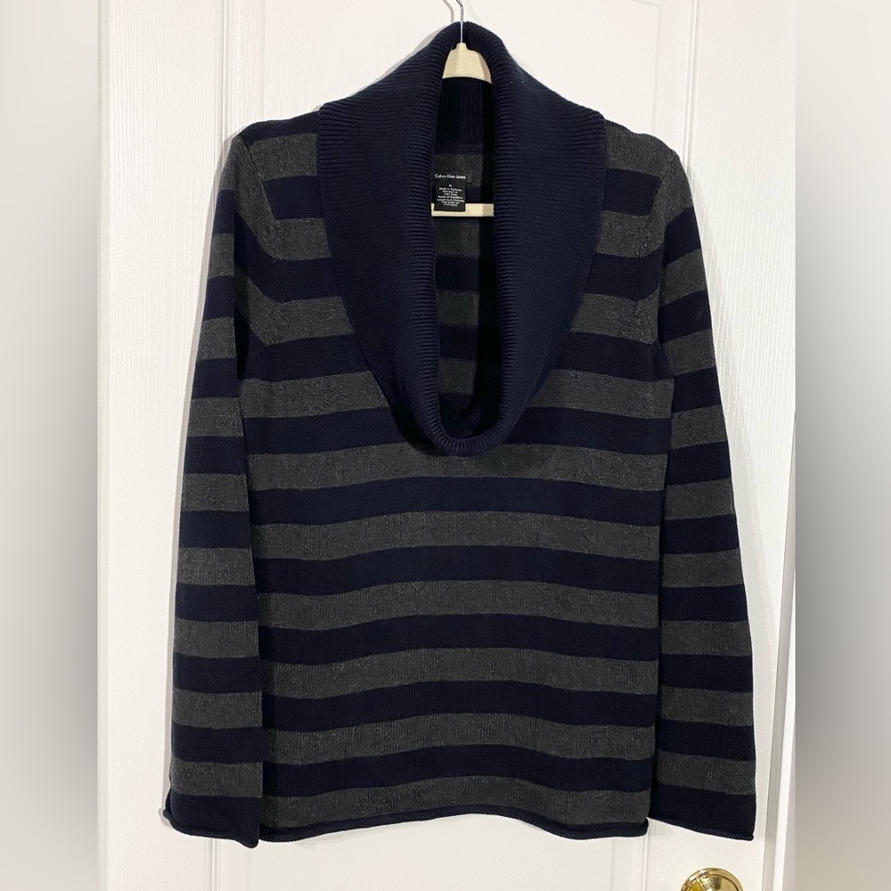 Y2K Calvin Klein Jeans Striped Cotton Knit Cowl Neck Sweater Black Gray Medium